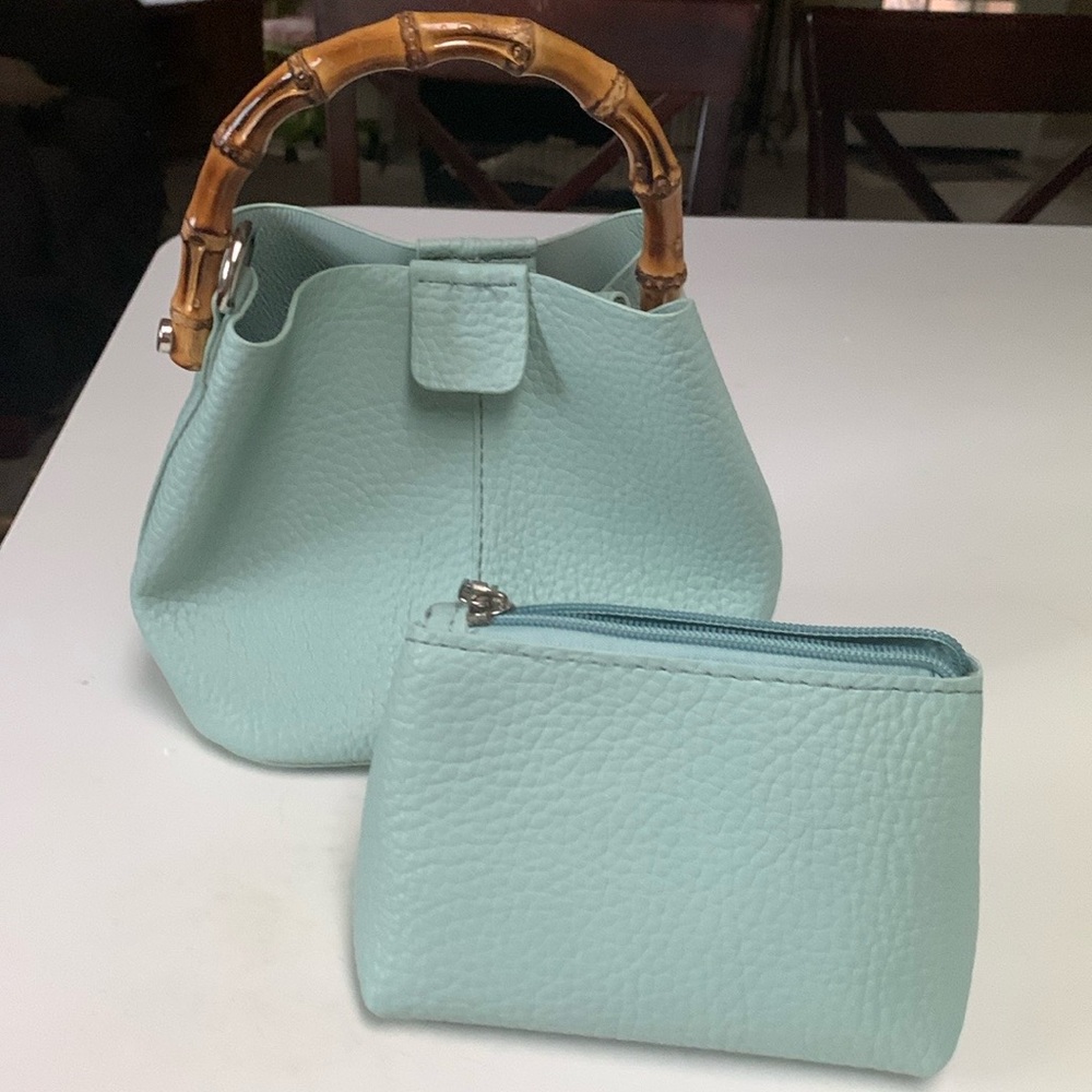 Mint Blue Bucket Bag with Bamboo Handle